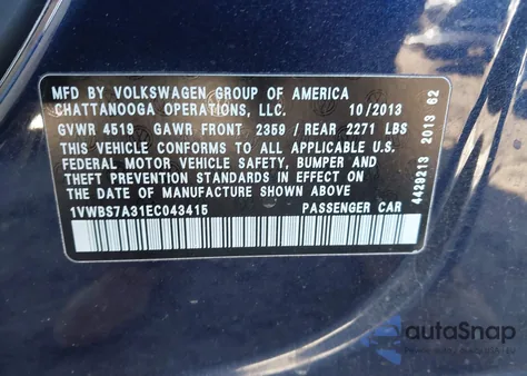 2014 Volkswagen Passat 1.8T Se from USA, damaged, VIN 1VWBS7A31EC043415